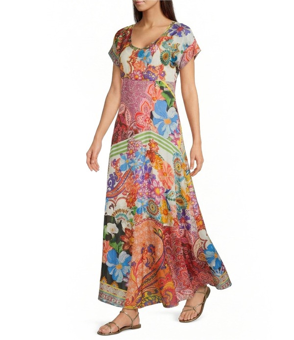 ジョニーワズ レディース トップス ワンピース Vネック パッチワーク シルク マキシ JOHNNY WASilk Magnolia Patchwork V-Neck Short Sleeve Maxi Dress Magnolia Patchwork