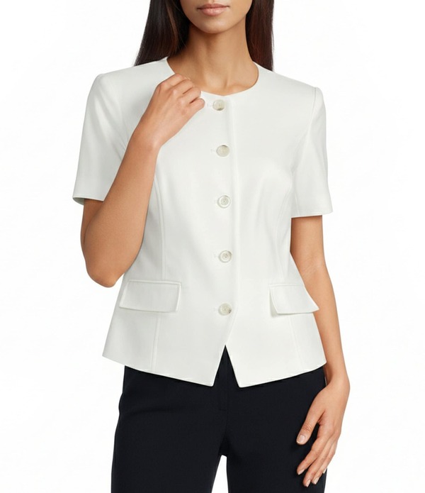 ダナキャラン レディース トップス シャツ クルーネック DKNY By Donna Karan Coordinating Compression Crew Neck Short Sleeve Button Front Shirt Ivory アイボリー