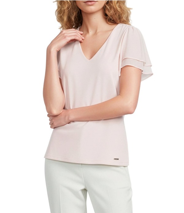 カルバンクライン レディース トップス シャツ シフォン クルーネック ブラウス Calvin Klein Chiffon Crew Neck Short Flutter Sleeve Blouse Petal｜ReVida 店