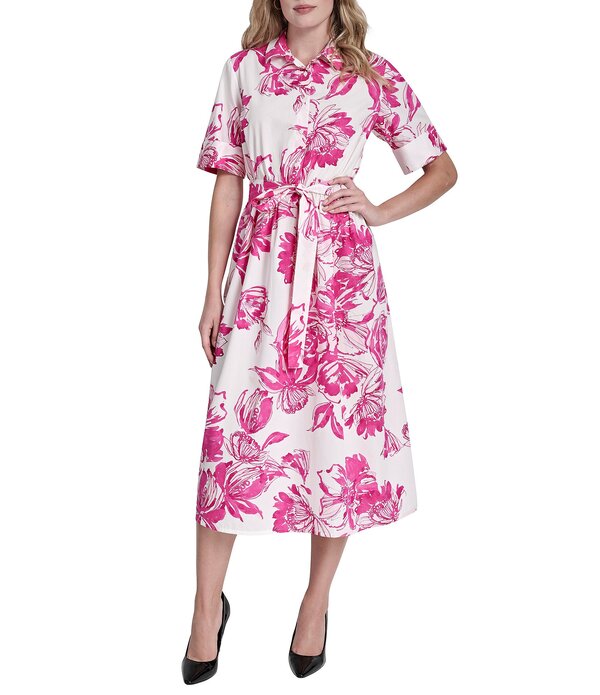ダナキャラン レディース トップス 衣装 midi プルオーバー DKNY by Donna Karan Elbow Sleeve Button Front Belted Shirt Midi Dress Hot Pink Multi サクラ色 レディースファッション-ワンピース