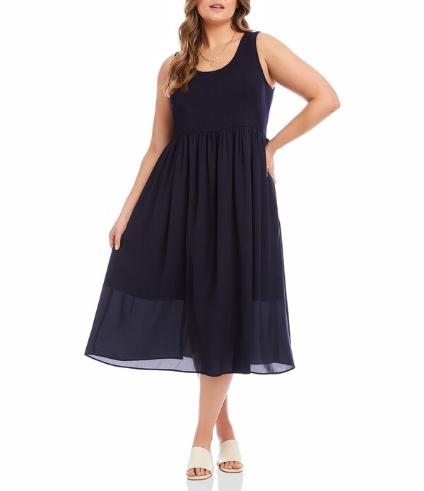 カレンケーン レディース トップス ワンピース プラスサイズ ミディ ノースリーブ コントラスト Karen Kane Plusize Scoop Neck Sleeveless Contrast Midi Dress Navy ネイビー