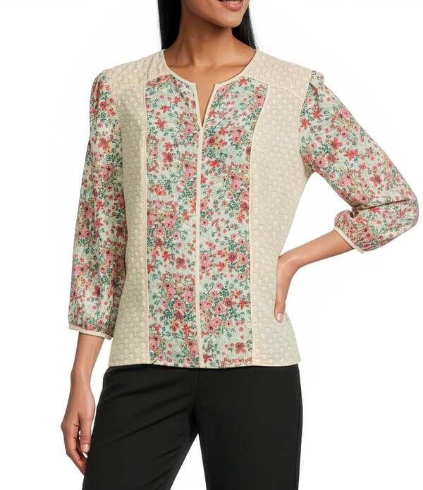 インベストメンツ レディース トップス シャツ フラワー柄 プチ プリント ブラウス フラワー Investments Petite Size Geo Floral Mixed Print Woven 3/4 Sleeve Split Round Neck Blouse Yellow Geo Floral イエロー｜ReVida 店