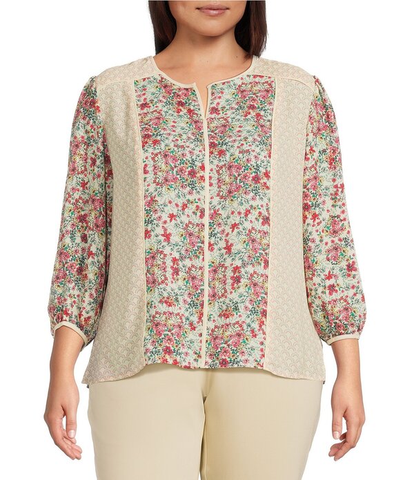 インベストメンツ レディース トップス シャツ フラワー柄 プラスサイズ プリント ブラウス フラワー Investments Plusize Geo Floral Mixed Print 3/4 Sleeve Split Round Neck Blouse Yellow Geo Floral イエロー
