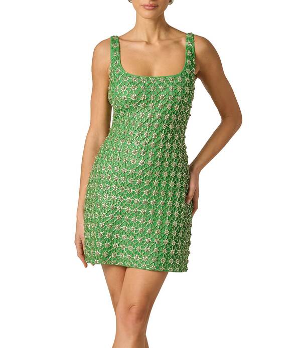 アドリアナ パペル レディース トップス ワンピース ミニ メッシュ ノースリーブ Adrianna Evening by Adrianna Papell Fully Beaded Mesh Square Neck Sleevelessheath Mini Dress Guava｜ReVida 店