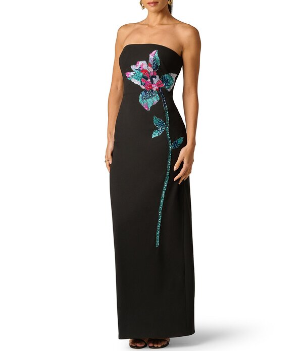 アドリアナ パペル レディース トップス 衣装 縮緬 編み物 Adrianna Evening by Adrianna Papell Knit Crepe Beaded Flower Sheath Long Dress Black Multi 黒いこと