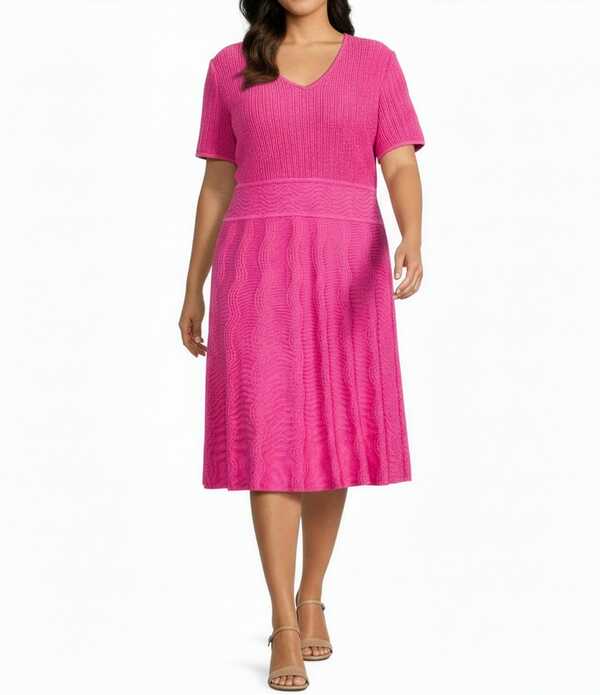 ミンウォン レディース トップス ワンピース Vネック プラスサイズ ミディ ニット Ming Wang Plusize Soft Knit V-Neck Short Sleeve Fit-and-Flare Midi Dress Carmine Rose