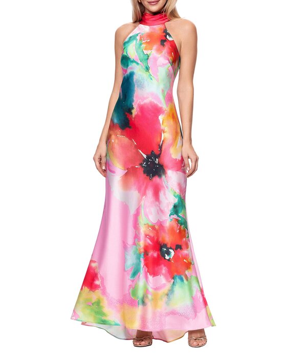 エスケープ レディース トップス ワンピース プリント サテン ノースリーブ ホルター Xscape Satin Flower Print Halter Bow Tie Neckline Sleevelessheath Long Dress Pink/Red Multi レッド