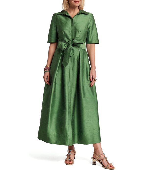 フランセスバレンタイン レディース トップス 衣装 マキシ FRANCES VALENTINE Bella Dupion Point Collar Short Sleeve Tie Waist Maxi Dress Green 緑であること