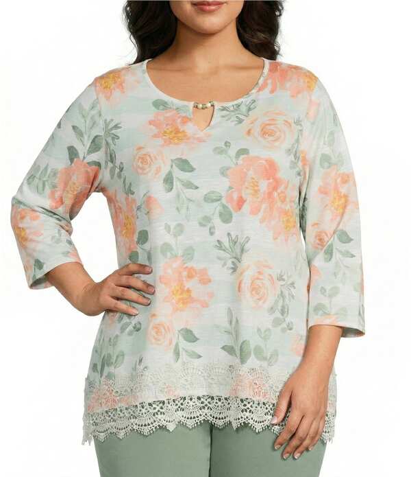 アリソン デイリー レディース トップス シャツ プラスサイズ プリント Allison Daley Plusize Rosestripe Print 3/4 Sleeve Keyhole Neck Top Sage Roses Wild Stripe セージ