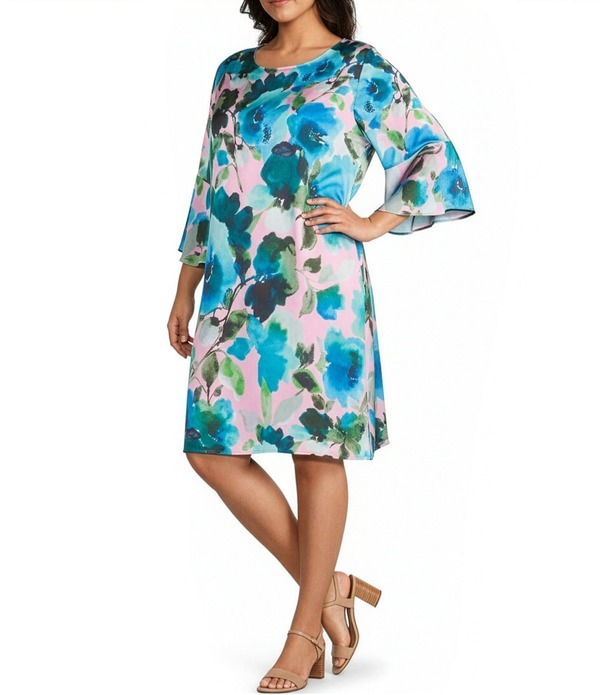 キャロライン ローズ レディース トップス ワンピース A ライン フラワー柄 プラスサイズ プリント サテン フラワー Caroline Rose Plusize Bella Blooming Colors Floral Printed Satin Scoop Neck 3/4 Bell Sleeve A-Line Dress Multi/Pink ピンク