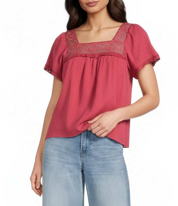 ラッキーブランド レディース トップス シャツ メッシュ ブラウス レース Lucky Brand Woven Mesh Lace Square Neck Short Sleeve Blouse Rose Wine ワイン