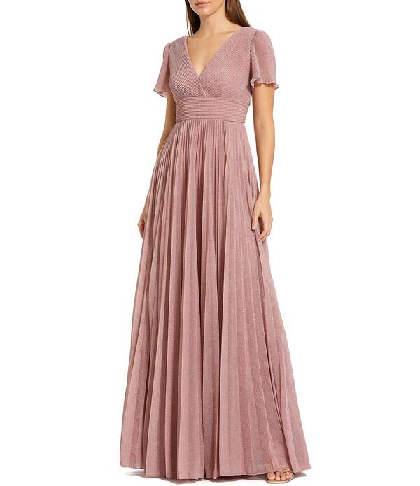 マックダガル レディース トップス 衣装 A 生産ライン 筋目 トール Mac Duggal Pleated Metallic Flutter Sleeve A Line Gown Dusty Rose メタリック