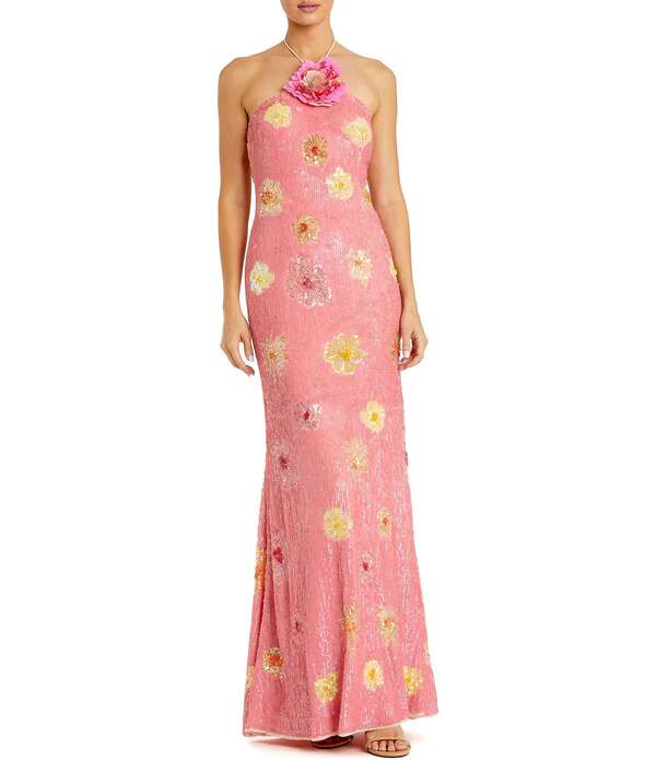 マックダガル レディース トップス ワンピース フラワー柄 メッシュ フラワー ホルター Mac Duggal Halter Neck Floral Embellished Mesh Longown Pink Lemonade ピンク｜ReVida 店