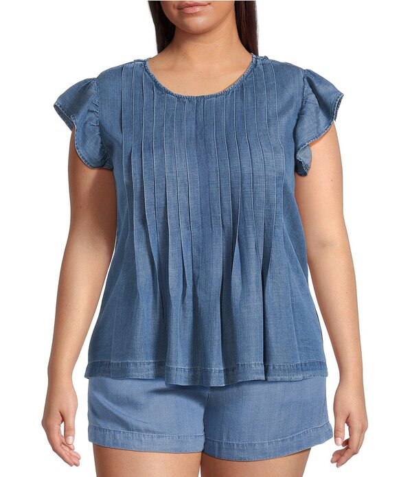 ブルーペッペーブルーペッパー レディース トップス シャツ プラスサイズ デニム キャップ Perch by Blu Pepper Plus Round Neck Flutter Cap Sleeve Denim Top Denim デニム