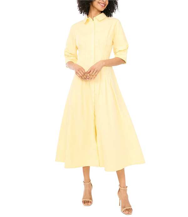 ヴィンスカムート レディース トップス ワンピース ミディ シャツ Vince Camuto Poplin Point Collar 3/4 Sleeve Midi Shirt Dress Lemon Cream クリーム