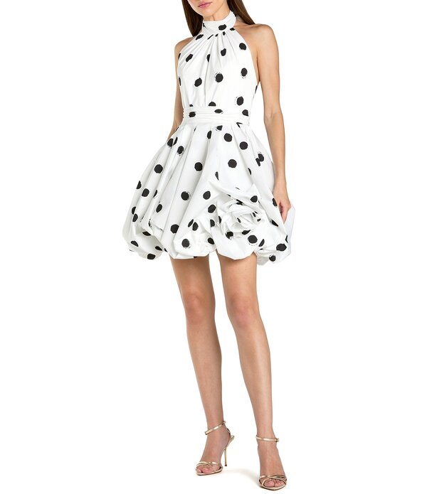 マックダガル レディース トップス ワンピース ミニ サテン ノースリーブ ホルター Mac Duggal Satin Halter Neck Sleeveless Bubble Hemini Dress Black Ivory アイボリー