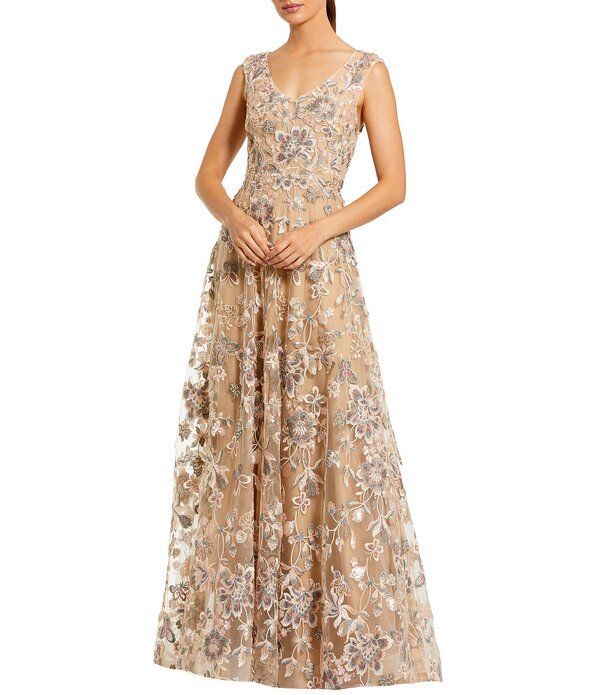 マックダガル レディース トップス ワンピース Vネック フラワー柄 ノースリーブ 刺繍 フラワー Mac Duggal Floral Embroidered Sleeveless V-Neck Longown Taupe トープ