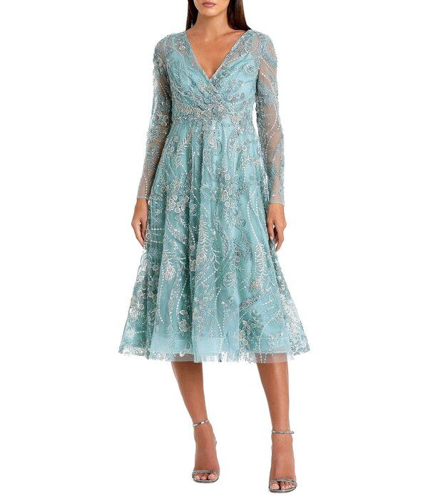 マックダガル レディース トップス 衣装 Vのど首 御花柄 MIDI 刺しゅう 御花 Mac Duggal Floral Embroidered V Neck Long Sleeve Midi Dresseafoam