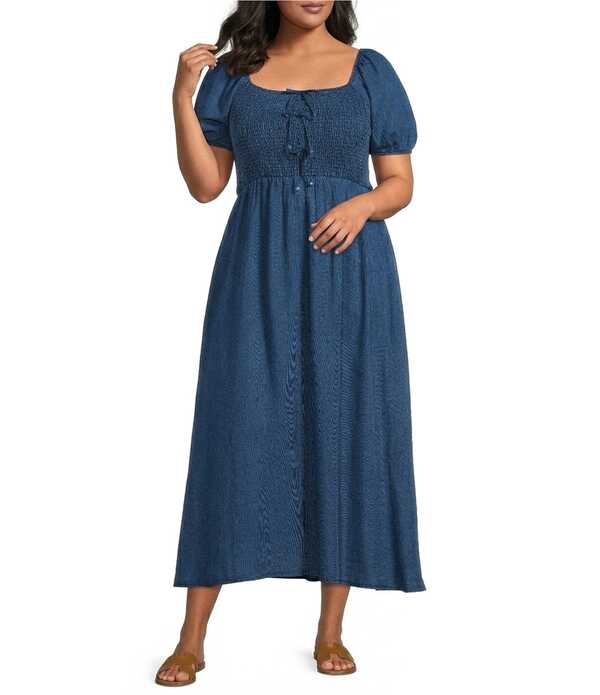 ブルーペッペーブルーペッパー レディース トップス ワンピース プラスサイズ ミディ Perch by Blu Pepper Plusquare Neckline Short Sleeve Bow Detail Chambray Midi Dress Chambray