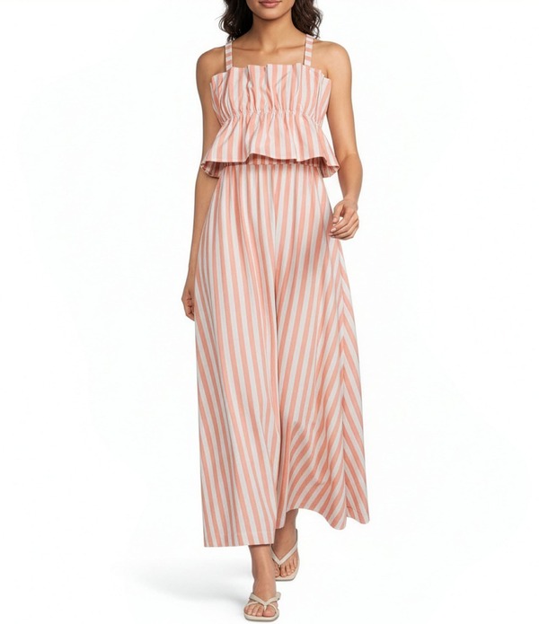 スカイズアブルー レディース トップス ワンピース A ライン プチ プリント ノースリーブ マキシ Skies Are Blue Petite Size Stripe Print Square Neck Sleeveless A-Line Maxi Dress Coral Stripe コーラル