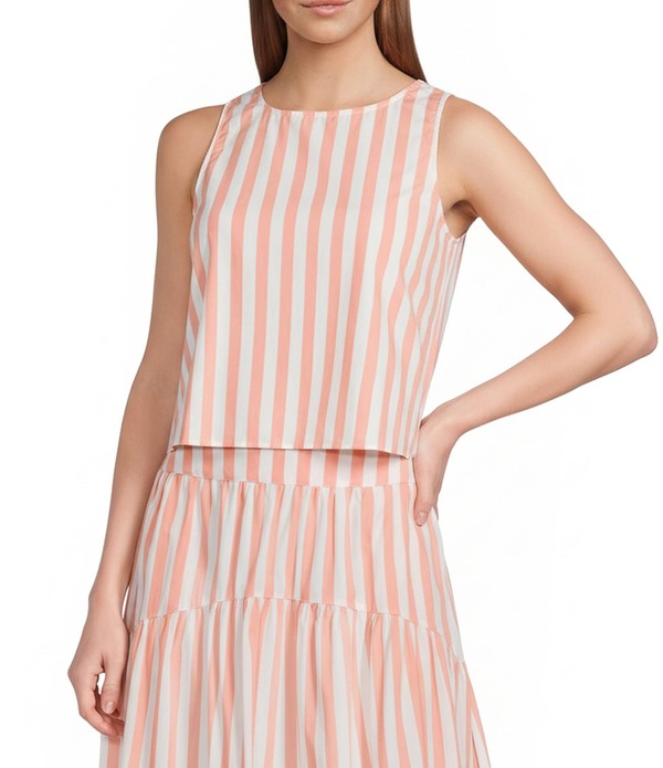 スカイズアブルー レディース トップス シャツ クルーネック プチ プリント ノースリーブ Skies Are Blue Petite Size Stripe Print Crew Neck Sleeveless Coordinating Top Coral Stripe コーラル|ReVida 店