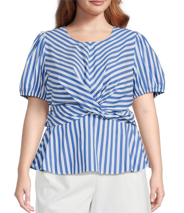 スカイズアブルー レディース トップス シャツ クルーネック プラスサイズ プリント Skies Are Blue Plusize Stripe Print Crew Neck Short Sleeve Peplum Hem Poplin Top Surf Blue ブルー
