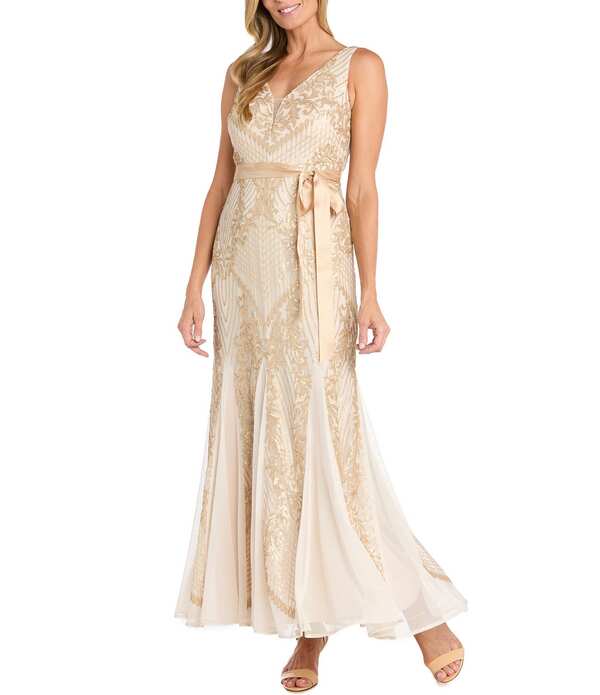 アールアンドエムリチャーズ レディース トップス ワンピース メッシュ スパンコール ノースリーブ 刺繍 R & M Richardsleeveless Embroidered Sequin Mesh Long Dress Ivory/Gold アイボリー