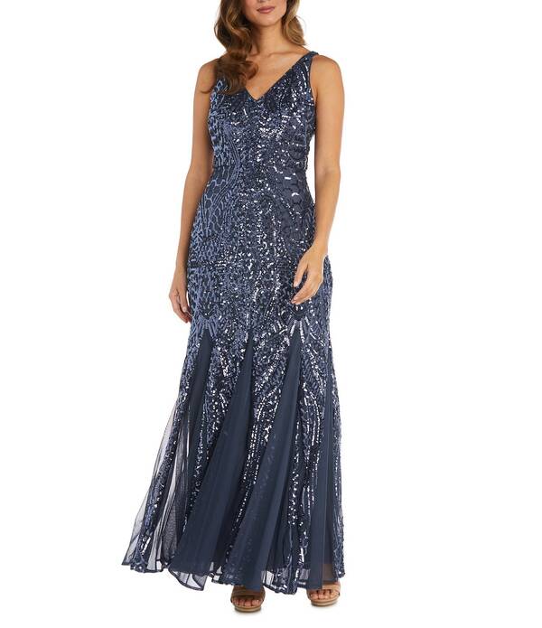 アールアンドエムリチャーズ レディース トップス ワンピース Vネック メッシュ ノースリーブ R & M Richards Beaded Mesh Sleeveless V-Neck Godet Long Dress Gun Metal