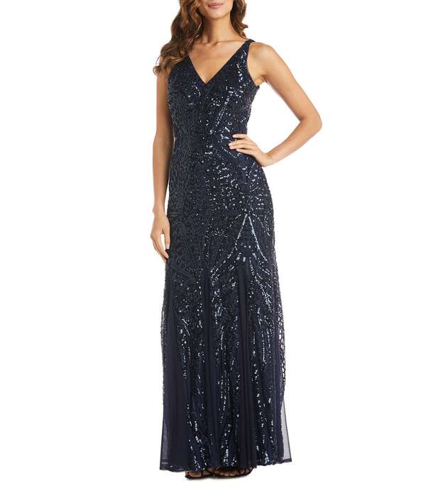 アールアンドエムリチャーズ レディース トップス ワンピース Vネック メッシュ ノースリーブ R & M Richards Beaded Mesh Sleeveless V-Neck Godet Long Dress Navy ネイビー