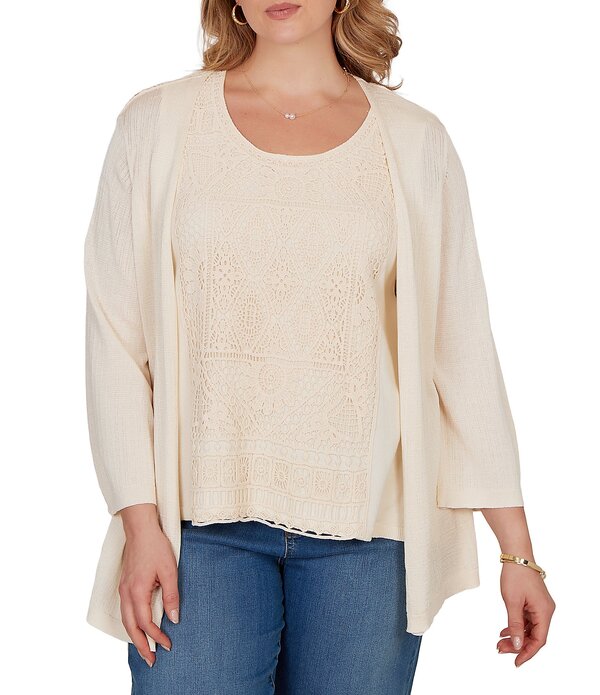 ルビーアールディー レディース アウター ニット・セーター プラスサイズ カーディガン レース Ruby Rd. Plusize Mixed Knit 3/4 Sleeve Crochet Lace Open-Front Coordinating Cardiganatural 17,136円