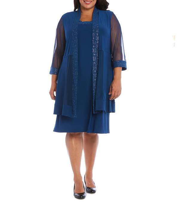 アールアンドエムリチャーズ レディース トップス ワンピース プラスサイズ メッシュ ジャケット R & M Richards Plusize Power Mesh 3/4 Sleeve 2-Piece Jacket Dress Peacock