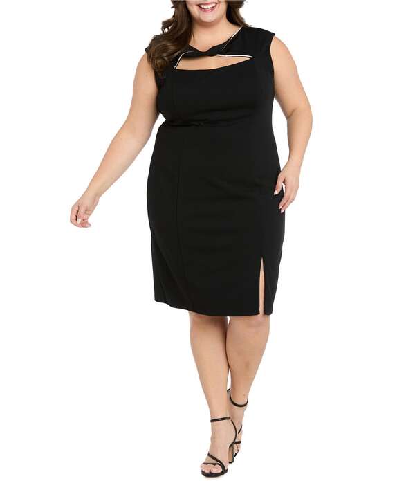 アールアンドエムリチャーズ レディース トップス ワンピース プラスサイズ R & M Richards Plusize Rhinestone Trim Frontwist Sheath Dress Black ブラック