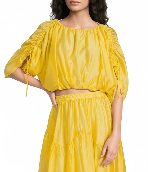 メロデイ レディース トップス シャツ ギャザー シルク Melloday Coordinating Faux Silk Ruched Elbow Sleeve Bubble Hem Top Yellow イエロー