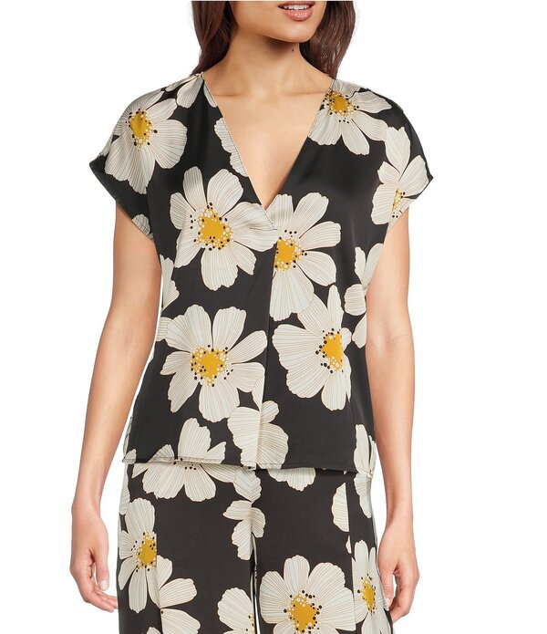 メロデイ レディース トップス シャツ Vネック プリント サテン キャップ MELLODAY Coordinating Satin Daisy Print V-Neck Cap Sleeve Top Black Ivory/Daisy アイボリー