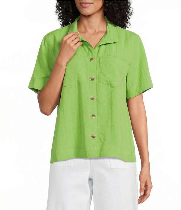 ジョン マーク レディース トップス シャツ John Mark Woven Solid Wire Collar Short Sleeve Button Front Shirt Bud Green グリーン