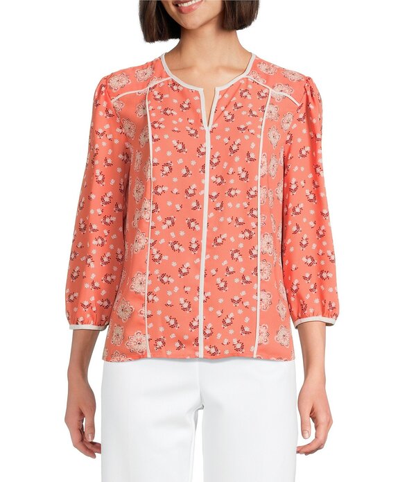 インベストメンツ レディース トップス シャツ プリント ブラウス Investments Geo Bouquet Mixed Print 3/4 Sleeve Split Round Neck Blouse Geo Bouquet