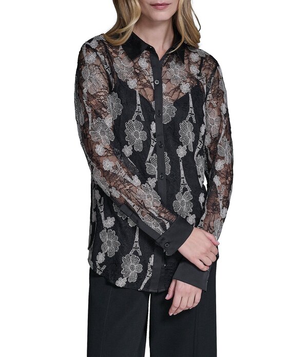 カール ラガーフェルド レディース トップス シャツ フラワー柄 プリント フラワー KARLAGERFELD PARIS Woven Floral Print Point Collar Long Sleeve Shirt Black/Bisque ブラック