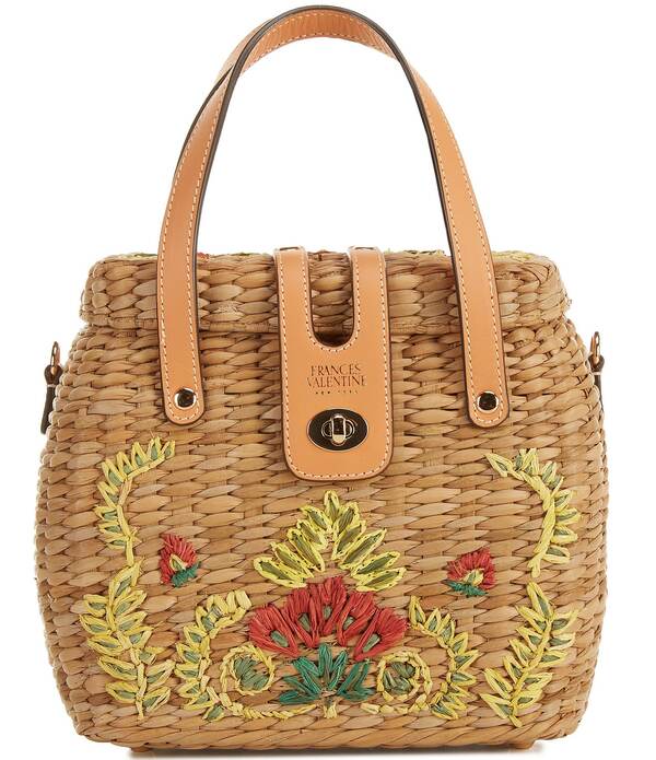 フランセスバレンタイン レディース バッグ フラワー柄 刺繍 フラワー FRANCES VALENTINE Harriet Wicker Embroidered Floral Motif Top Handle Bag Natural/Multi マルチカラー｜ReVida 店