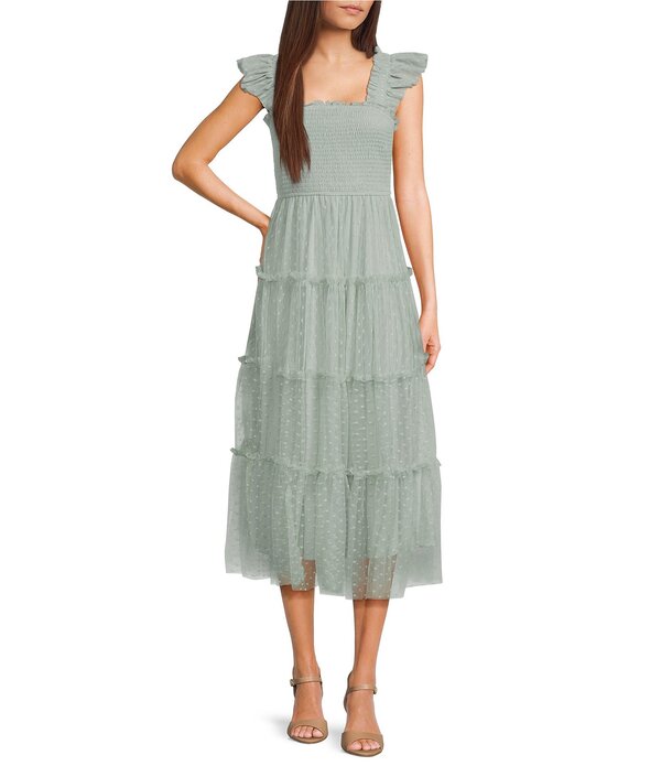 ブルーペッペーブルーペッパー レディース トップス ワンピース ティアード ミディ ノースリーブ レース Blu Pepper Lace Square Neck Sleeveless Tiered Midi Dressage セージ