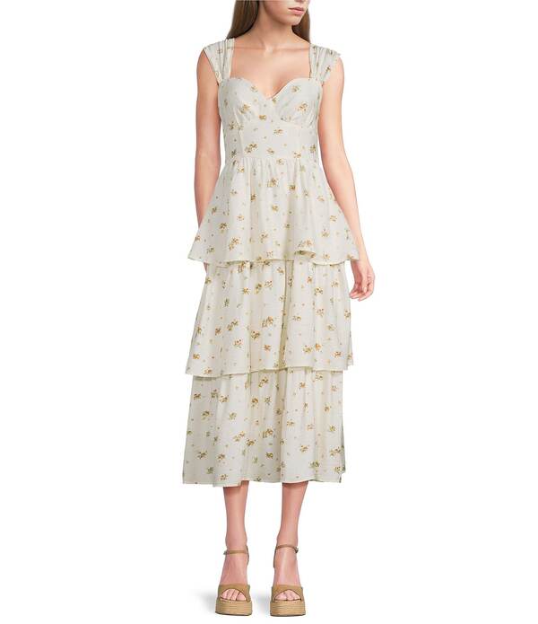 ブルーペッペーブルーペッパー レディース トップス ワンピース ティアード フラワー柄 プリント ミディ フラワー Blu Pepper Floral Printed Sweetheart Neck Tiered Midi Dress Creamulti クリーム
