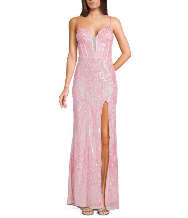 ビーダーリン レディース トップス ワンピース フロントスリット メッシュ スパンコール B. Darlin Sequin Patterned Sweetheart Neck Mesh Inset Front Slit Long Dress Pink/Crystal ピンク