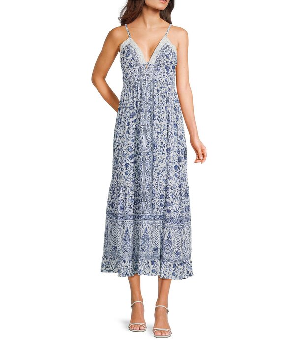 アンジー レディース トップス ワンピース Vネック ティアード レーストリム フラワー柄 プリント レース マキシ フラワー Angie Floral Border Printed Lace Trim Spaghetti Strap V-Neck Peek A Boo Tiered Maxi Dress Blue ブルー