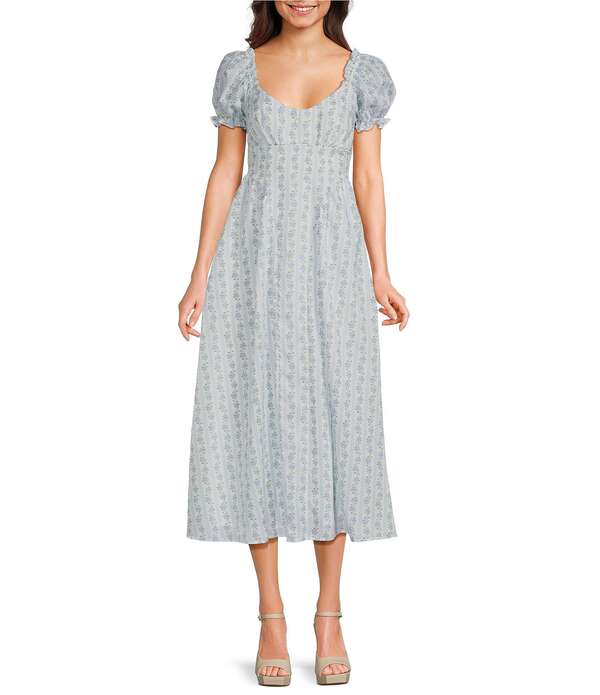 ミッドナイト ドール レディース トップス ワンピース フラワー柄 プリント ミディ フラワー Midnight Doll Floral Printed Short Puff Sleeve Scoop Neck Tie Bow Back Midi Dress White/Blue ホワイト|ReVida 店