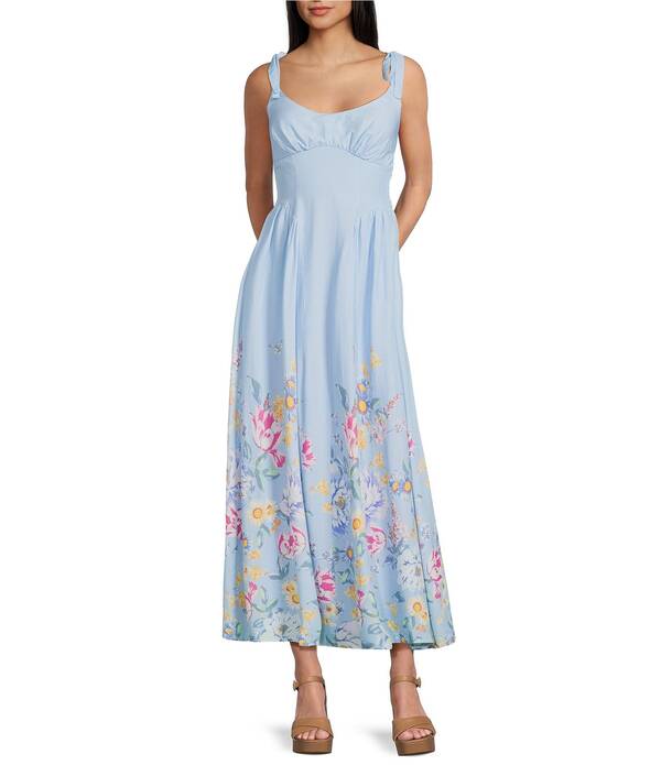 ミッドナイト ドール レディース トップス ワンピース フラワー柄 プリーツ プリント マキシ フラワー Midnight Doll Floral Border Printed Tie Shoulder Scoop Neck Drop Waist Pleated Maxi Dress Blue/Multi ブルー 21,155円
