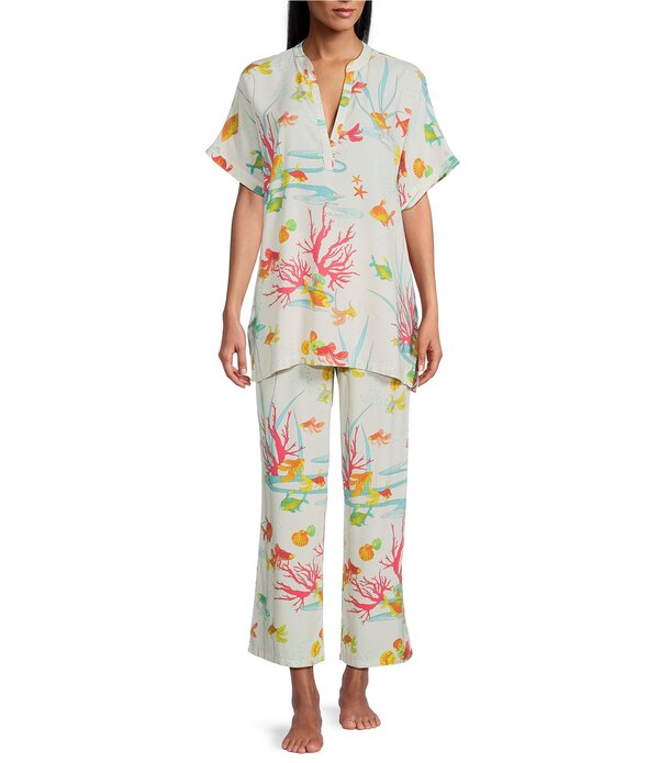 ナトリ レディース アンダーウェア ナイトウェア プリント N By Natori Short Sleeve Mandarin Collar Woven Challis Ocean Embrace Print Pajama Set Warm White ホワイト 22,792円