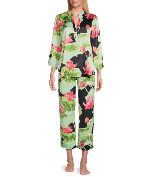 ナトリ レディース アンダー御召しもの ナイト爵御召しもの 刷り上げる 繻子 N by Natori Satin Lotus Print Long Sleeve Mandarin Collar Long Pajama Set Black 黒いこと