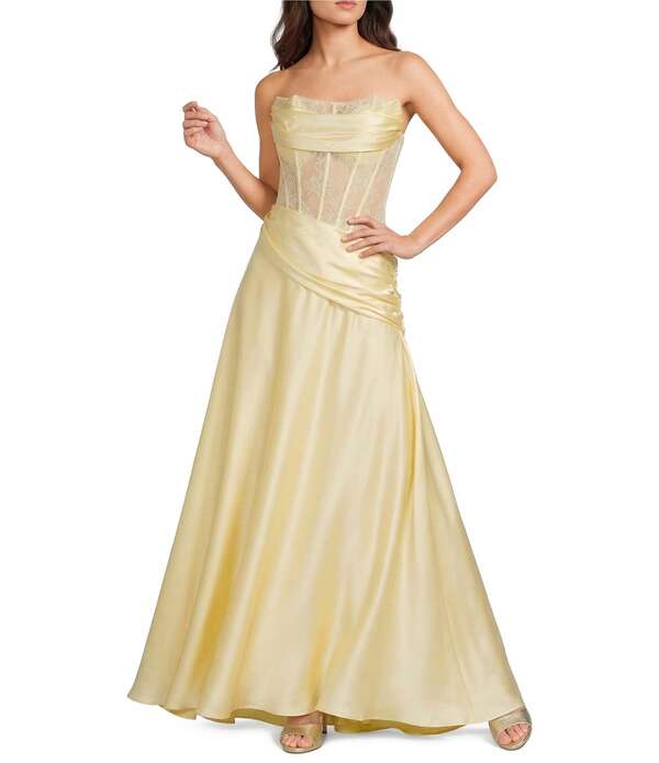 ジービー レディース トップス ワンピース ドレープ サテン レース GB Satin Lace Corset Drape Fullength Prom Dress Pale Yellow イエロー