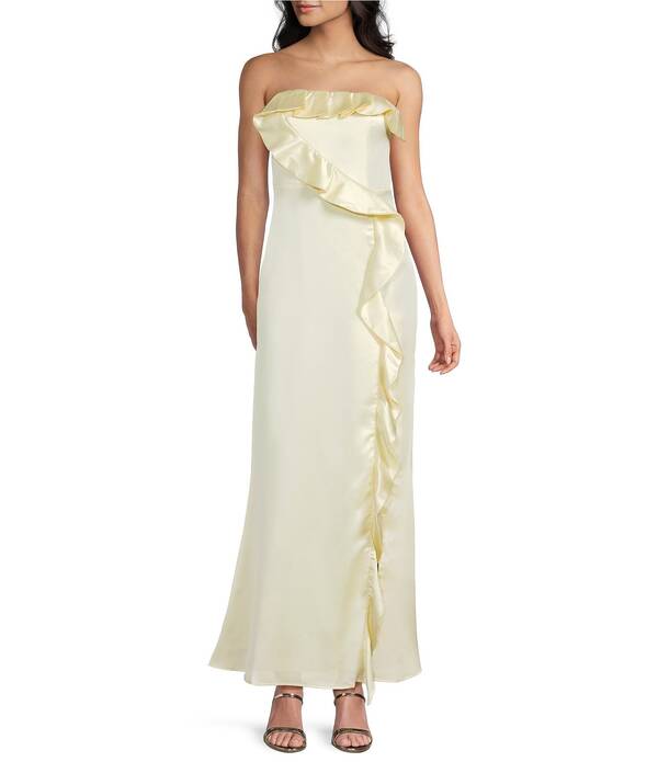ルルズ レディース トップス ワンピース サイドスリット A ライン フリル サテン ストラップレス Lulus Bonnie Satin Strapless Ruffle Side Slit A-Line Fullength Butter Yellow イエロー|ReVida 店