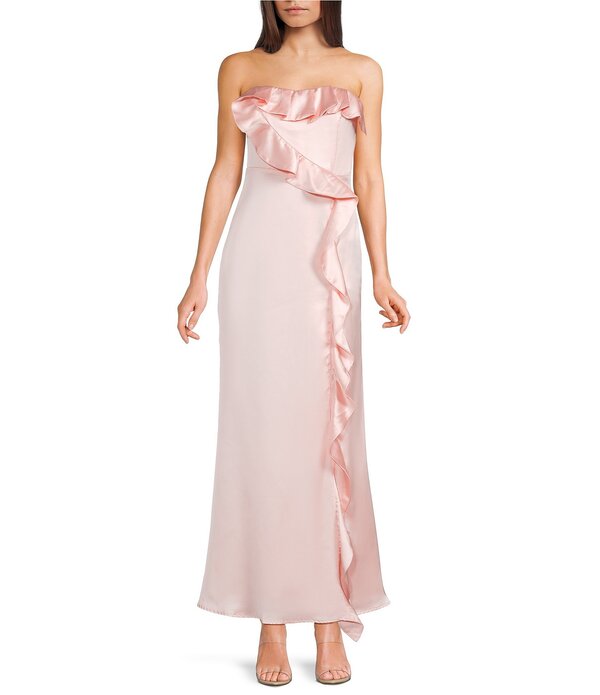 ルルズ レディース トップス 衣裳 姿勢細長い切口 A 伝達ルート フラウンス 繻子 ストラップレス Lulus Bonnie Satin Strapless Ruffle Side Slit A-Line Fullength Light Pink さくら色 ワンピース-レディースファッション