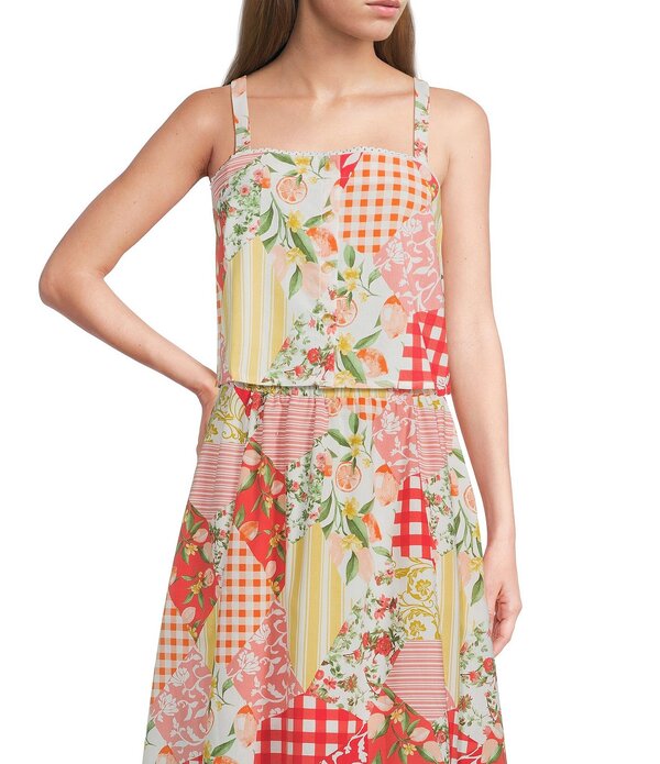 ブルーペッペーブルーペッパー レディース トップス シャツ フラワー柄 プリント パッチワークロップド フラワー Blu Pepper Patchwork Floral Printed Square Neck Cropped Tank Top Red Multi レッド